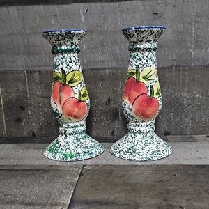 Hand-Painted Apple Speckle Ceramic Candlestick Pair - Green and Red